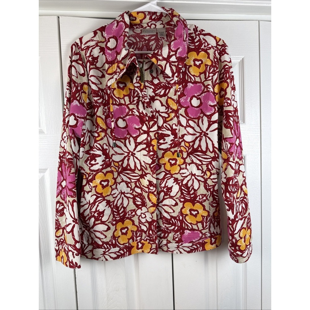 Zenergy By Chicos Jacket SZ 1 = 8/10 l Zip Up Red Floral Lightweight